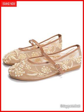 Mesh Embroidered Flats Mary Jane Ballerina Shoes for Women